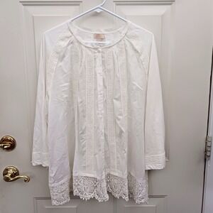 Logo Lavish Button Up Shirt White Lace Trim Size XL 100% Cotton 3/4 Sleeve Flowy
